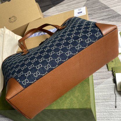 gg Ophidia gg Medium Tote Dark Blue And Ivory Eco Washed Organic gg Jacquard Denim  For Women 15in/38cm gg ‎631685 2KQgg 8375
