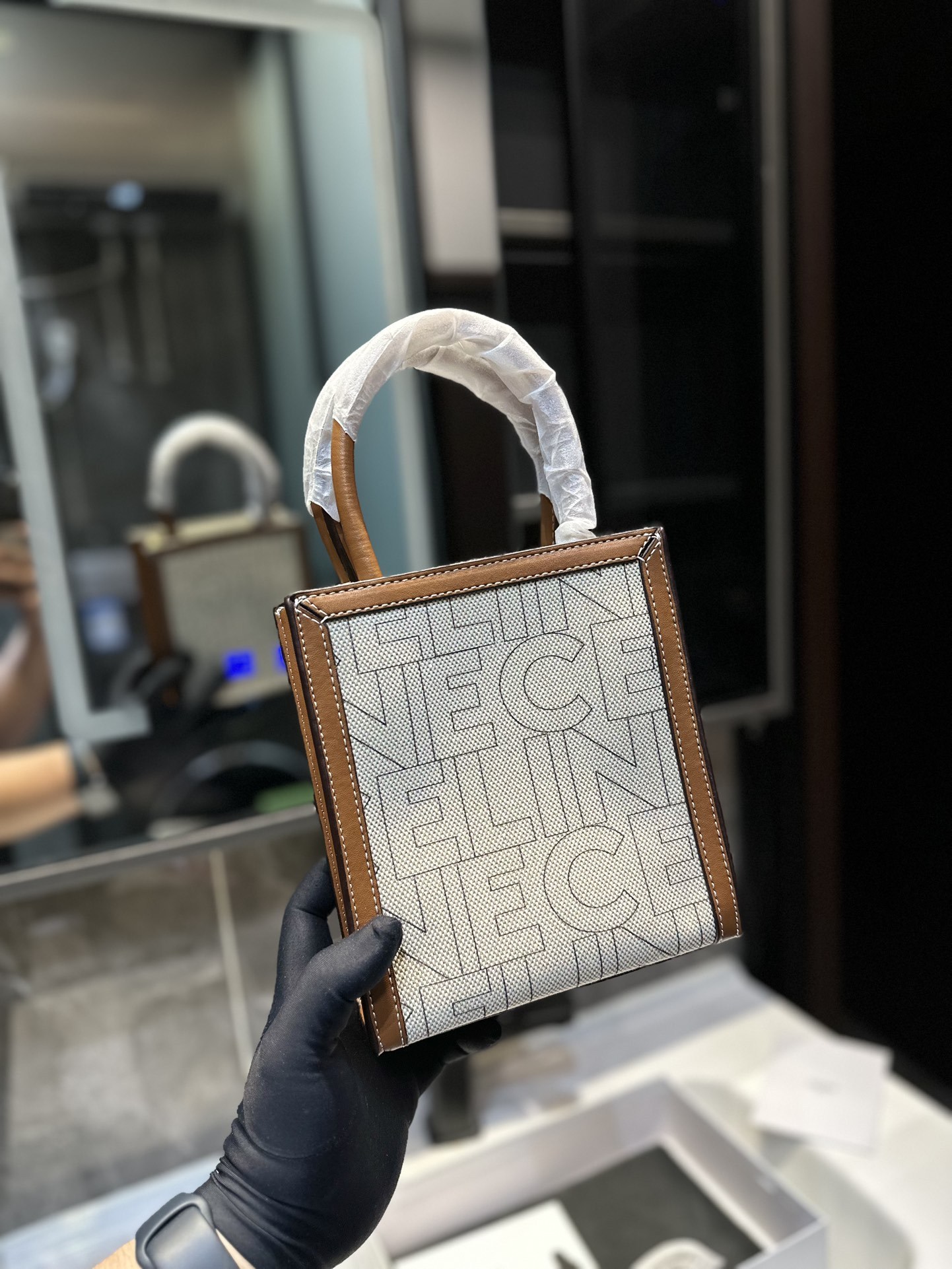 CE MINI VERTICAL CABAS CE IN TEXTILE WITH CE ALL OVER PRINT NATURAL TAN 21CM 193302EUK 02NT