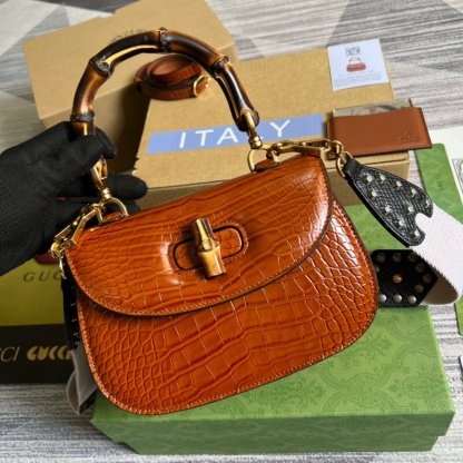 gg Bamboo 1947 Crocodile Top Handle Bag Red For Women, Women’s Bags 10.2in/26cm gg