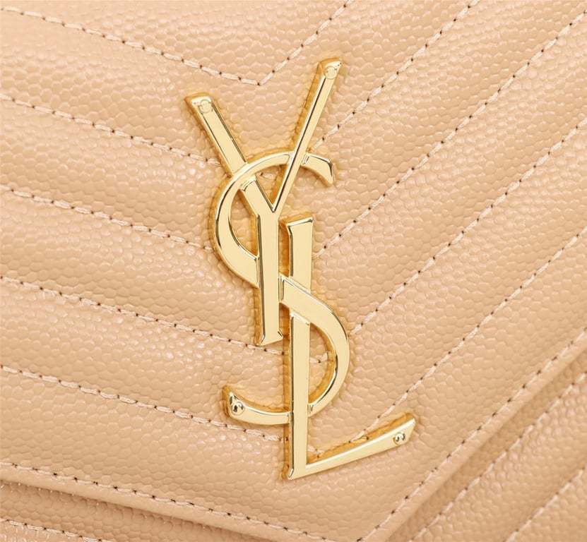 SAINT LAURENT CASSANDRE MATELASSE CHAIN WALLET IN GRAIN DE POUDRE EMBOSSED BEIGE 22CM