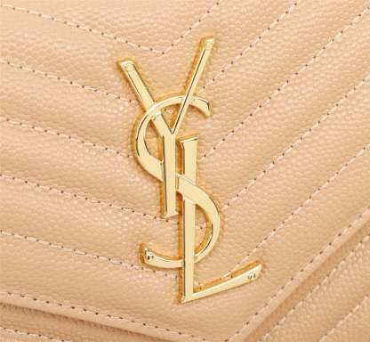 SAINT LAURENT CASSANDRE MATELASSE CHAIN WALLET IN GRAIN DE POUDRE EMBOSSED BEIGE 22CM