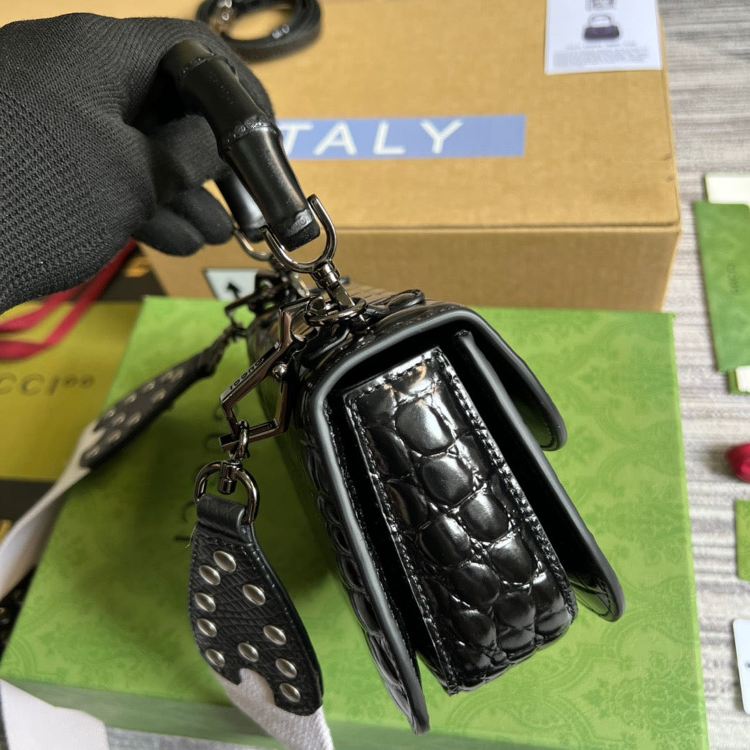 gg Bamboo 1947 Crocodile Mini Top Handle Blac Red For Women, Women’s Bags 6.7in/17cm gg