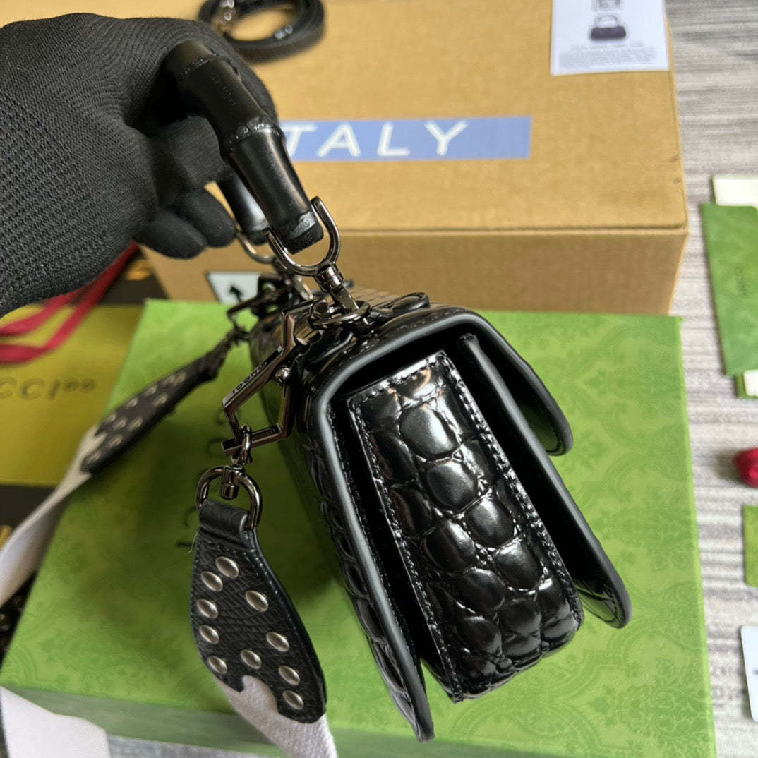 gg Bamboo 1947 Crocodile Mini Top Handle Blac Red For Women, Women’s Bags 6.7in/17cm gg
