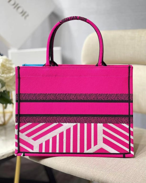 DIR MEDIUM BOOK TOTE BRIGHT BLUE AND BRIGHT PINK D-JUNGLE POP EMBROIDERY 36CM