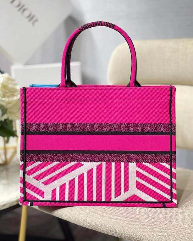 DIR MEDIUM BOOK TOTE BRIGHT BLUE AND BRIGHT PINK D-JUNGLE POP EMBROIDERY 36CM