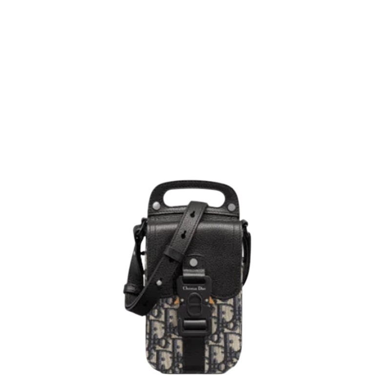 DIR SADDLE VERTICAL POUCH WITH STRAP OBLIQUE JACQUARD BLACK GRAINED CALFSKIN 19CM HIGH QUALITY