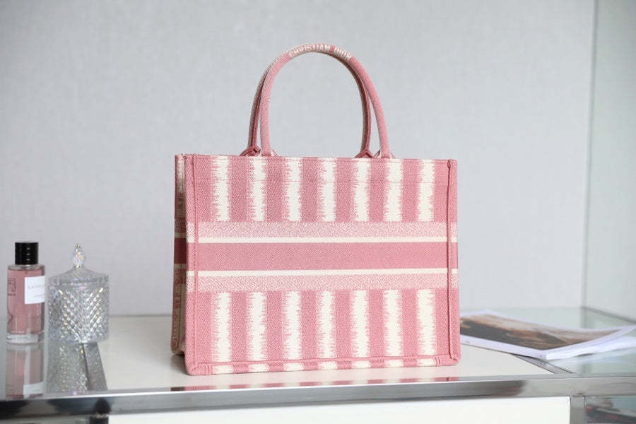 DI Medium Book Tote  Pink D-Stripes Embroidery For Women 36cm/16.5in CD
