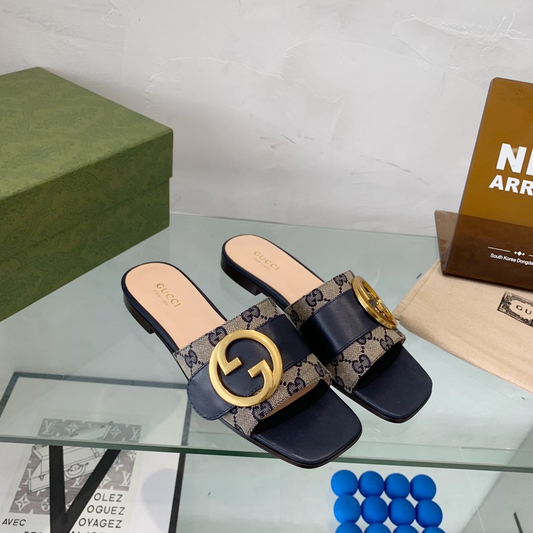 GG BLONDIE MATELASSE CANVAS SLIDE SANDAL BLACK