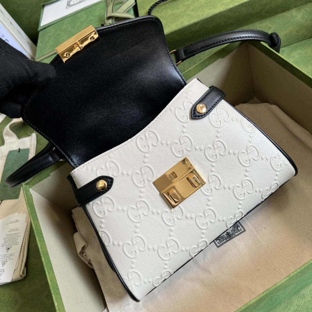 gg Small Top Handle Bag White Debossed gg White For Women 11in/29cm  675791 UD9AX 9099
