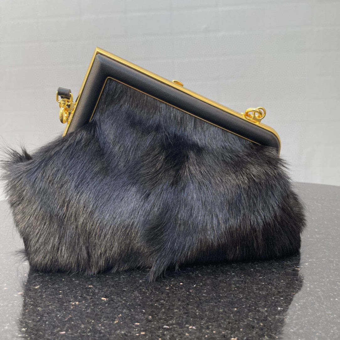 FI First Small Black Fox Fur Bag For Woman 26cm/10in