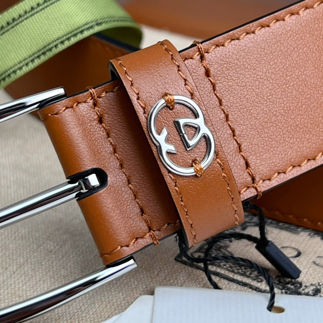 GG BROWN BELT WITH SQUARE BUCKLE AND INTERLOCKING G SILVER MEATL 35MM