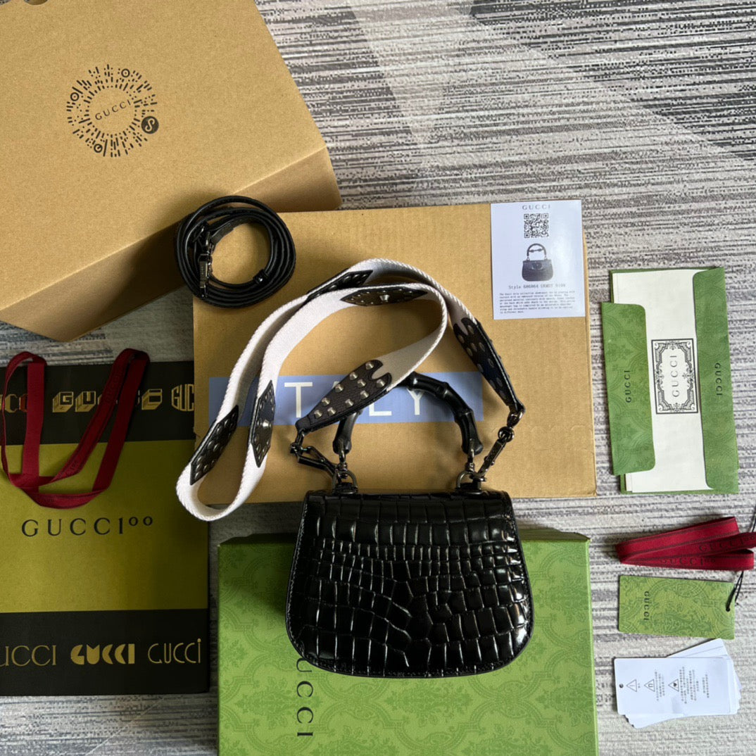 gg Bamboo 1947 Crocodile Mini Top Handle Blac Red For Women, Women’s Bags 6.7in/17cm gg