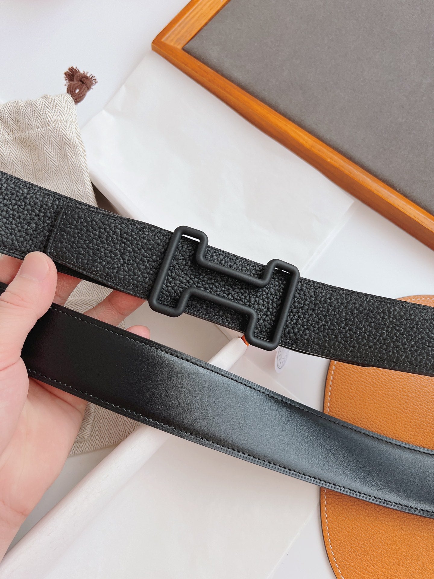 HM LEATHER BELT WITH H BUCKLE BLACK 38MM