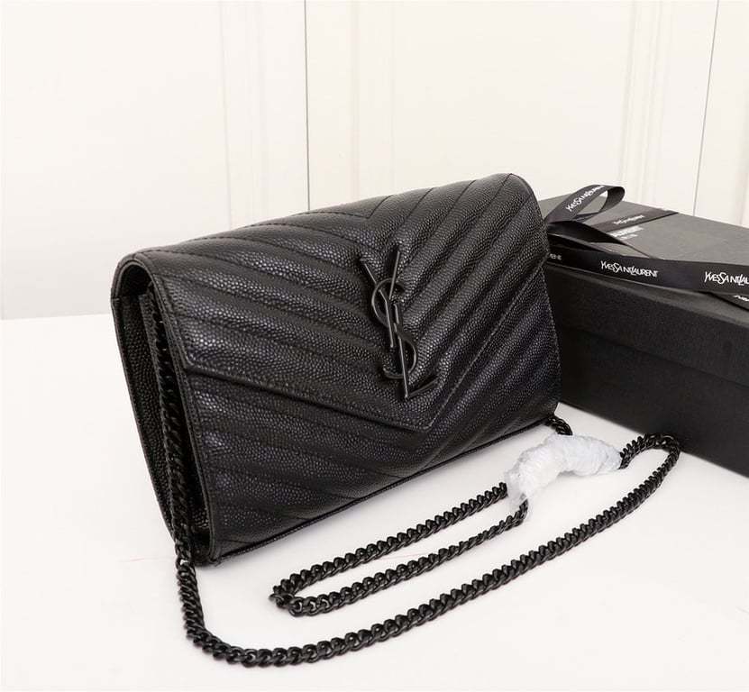 SAINT LAURENT CASSANDRE MATELASSE CHAIN WALLET IN GRAIN DE POUDRE EMBOSSED BLACK NOIR 22CM