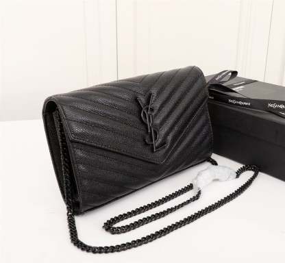 SAINT LAURENT CASSANDRE MATELASSE CHAIN WALLET IN GRAIN DE POUDRE EMBOSSED BLACK NOIR 22CM