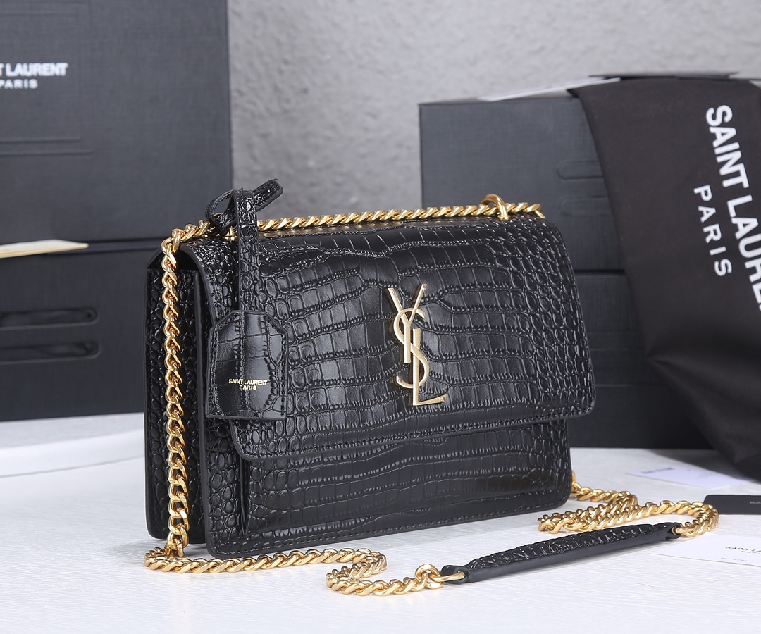 YSL SUNSET MEDIUM CHAIN GAB IN CROCODILE EMBOSSED SHINY BLACK GOLD 22CM 442906DND0J1000