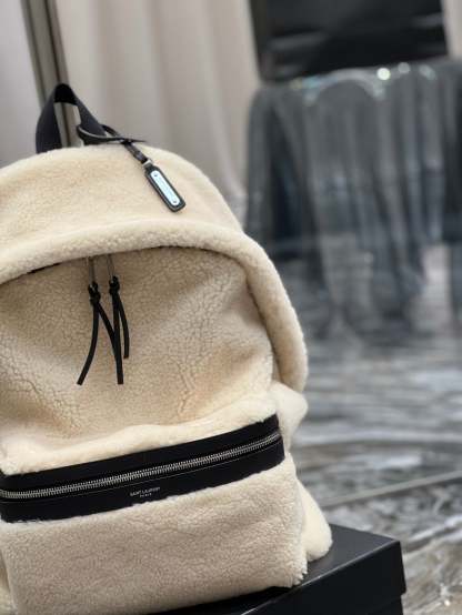 YSSL Fleece Backpack Beige For Women, Women’s Bags 16.1in/41cm YSL