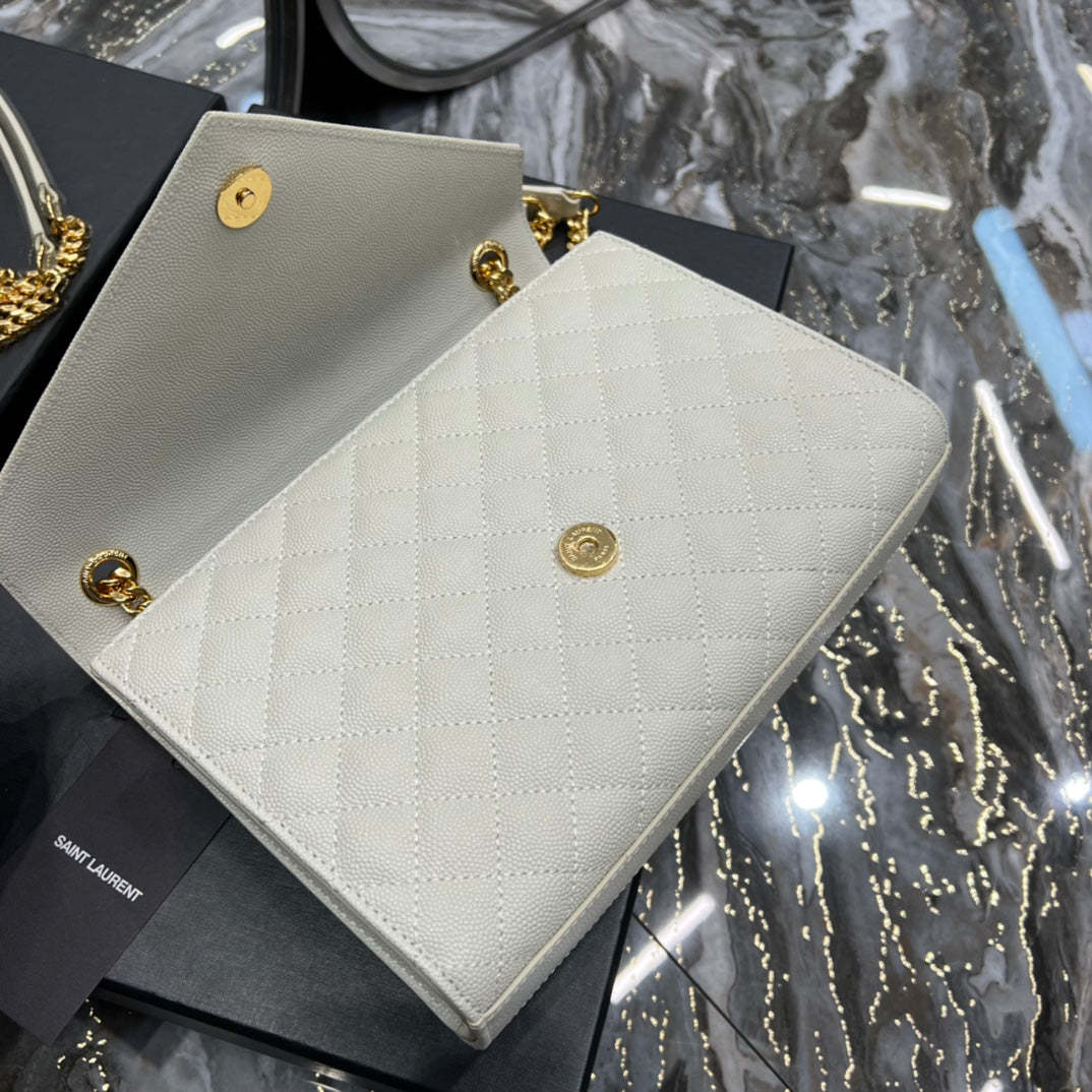 YSSL Envelope Medium Chain Bag White For Women, Women’s Bags 9.4in/24cm YSL