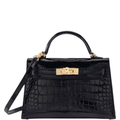 HM MINI KELLY CROCODILE GOLD-TONED HARDWARE BLACK 22CM