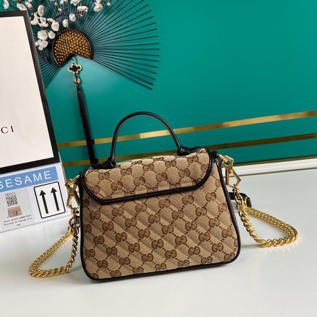 gg Ladies gg Canvas Marmont Mini Top Handle Bag Beige/Ebony Diagonal Matelassé Original gg Canvas 8.3in/21cm gg 583571 HVKEG 9772