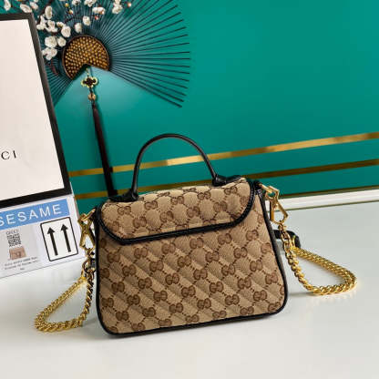 gg Ladies gg Canvas Marmont Mini Top Handle Bag Beige/Ebony Diagonal Matelassé Original gg Canvas 8.3in/21cm gg 583571 HVKEG 9772