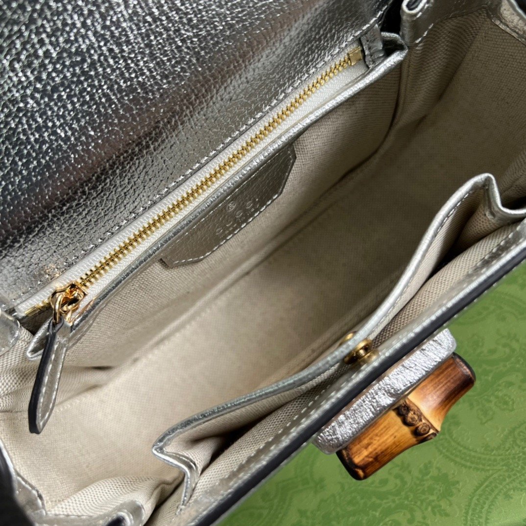 gg Bamboo 1947 Medium Top Handle Bag Silver For Women, Women’s Bags 10.2in/26cm gg