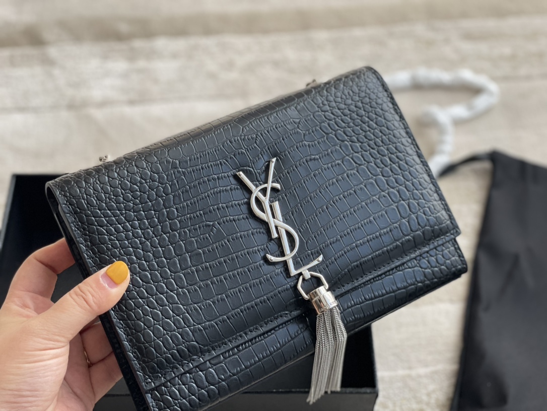 YSL KATE SMALL CHAIN BAG WITH TASSEL IN CROCODILE-EMBOSSED SHINY LEATHER BLACK 474366DND0N1000