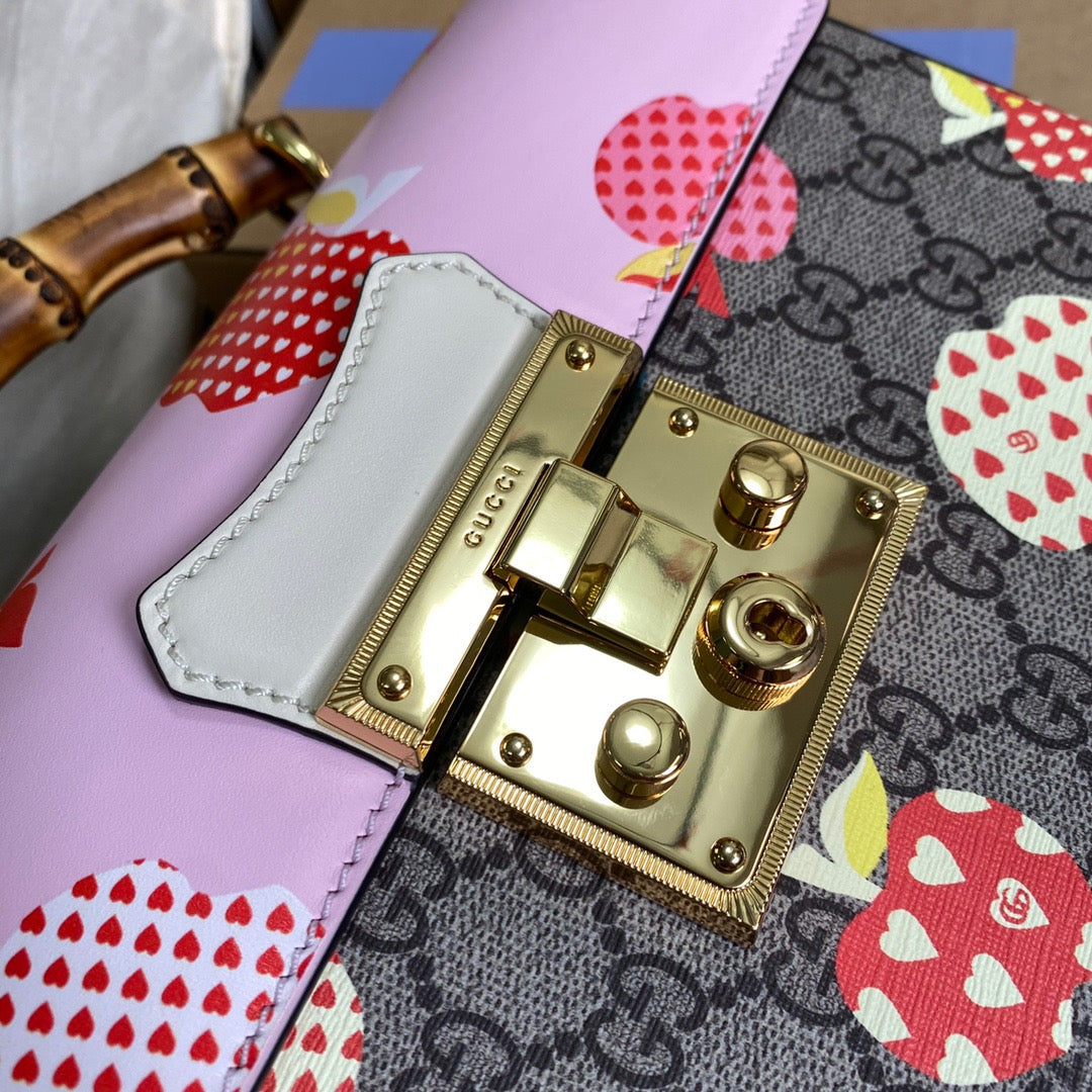 gg Padlock gg Small amboo Strawberry Shoulder Bag Beige For Women, Women’s Bags 9.5in/24cm gg