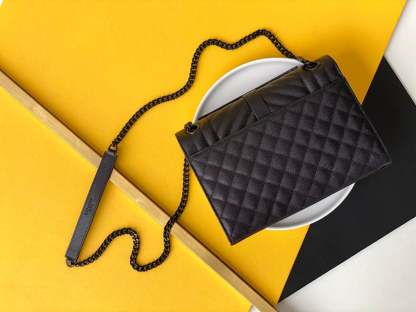SAINT LAURENT ENVELOPE MEDIUM CHAIN BAG IN MIX MATELASSE GRAIN DE POUDRE EMBOSSED BLACK NOIR 24CM