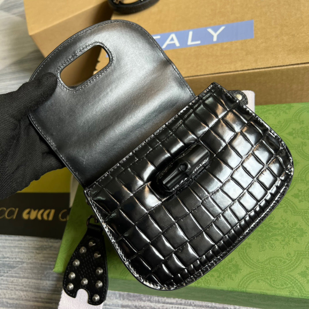 gg Bamboo 1947 Crocodile Mini Top Handle Blac Red For Women, Women’s Bags 6.7in/17cm gg