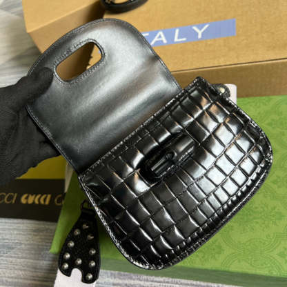 gg Bamboo 1947 Crocodile Mini Top Handle Blac Red For Women, Women’s Bags 6.7in/17cm gg