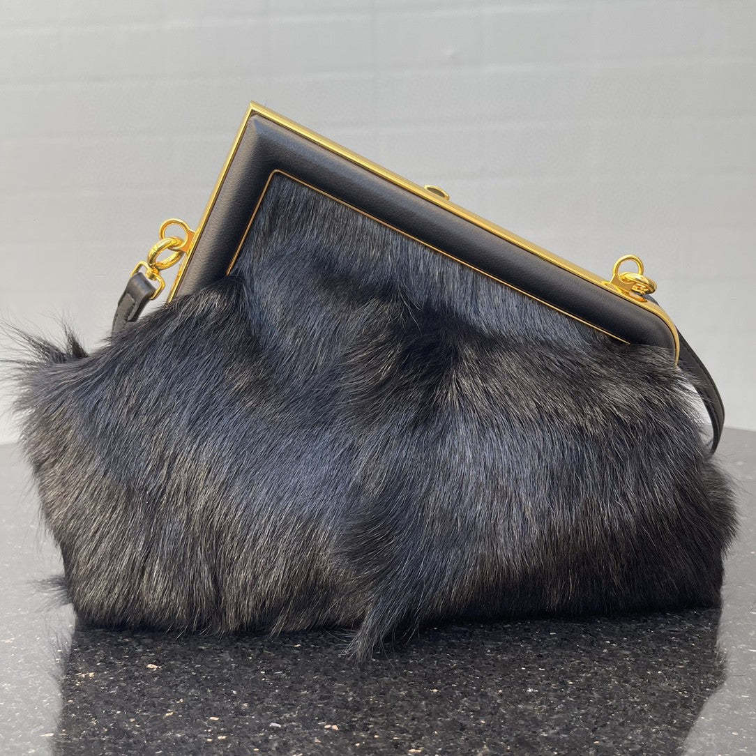 FI First Small Black Fox Fur Bag For Woman 26cm/10in