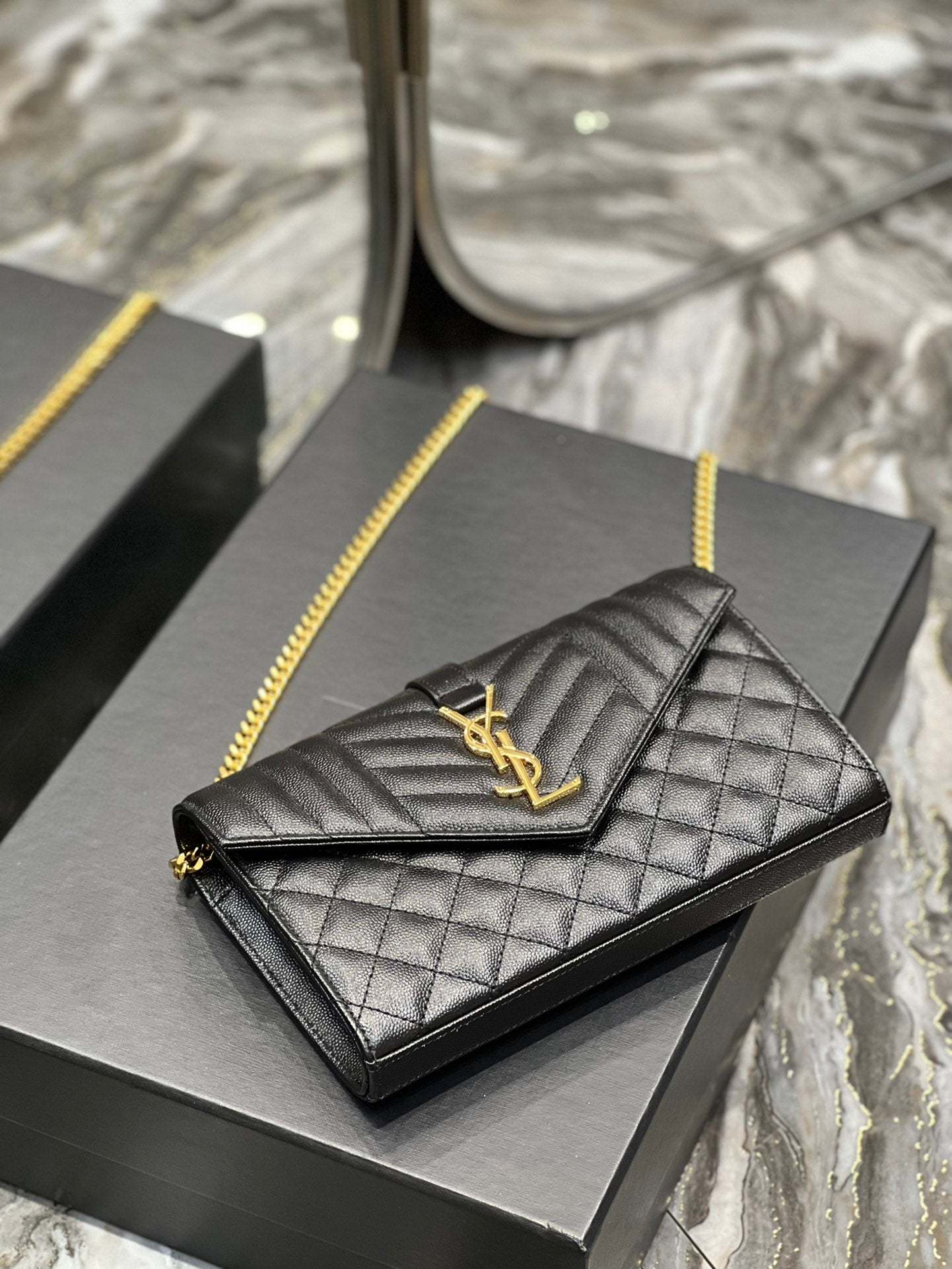 YSSL Envelope Small Chain Bag Black For Women, Women’s Bags 8.6in/22cm YSL