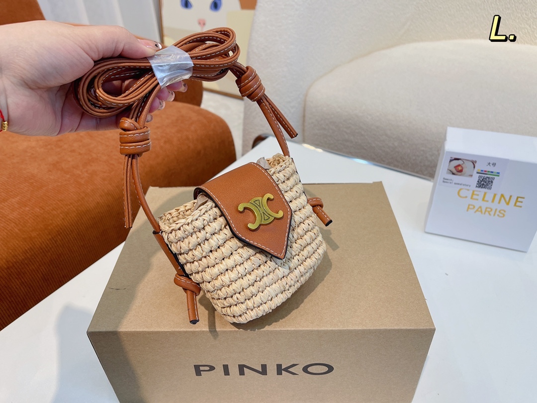 CE CROSSBODY AIRPODS PANIER IN RAFFIA AND CALFSKIN TAN 11CM
