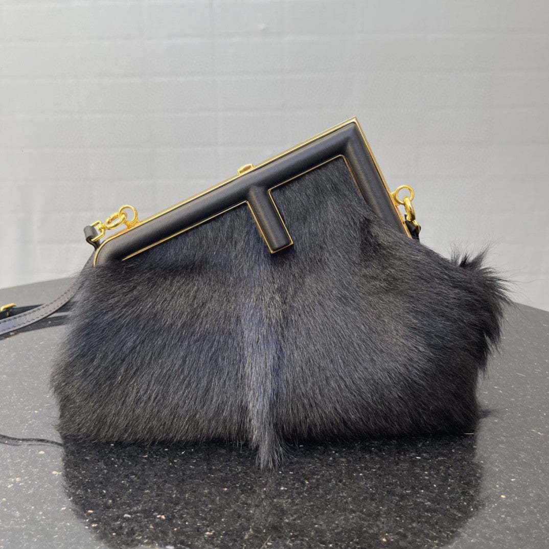 FI First Small Black Fox Fur Bag For Woman 26cm/10in