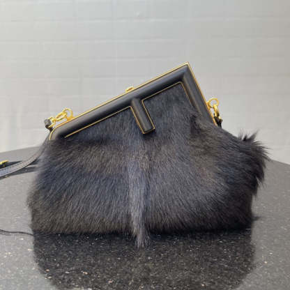 FI First Small Black Fox Fur Bag For Woman 26cm/10in