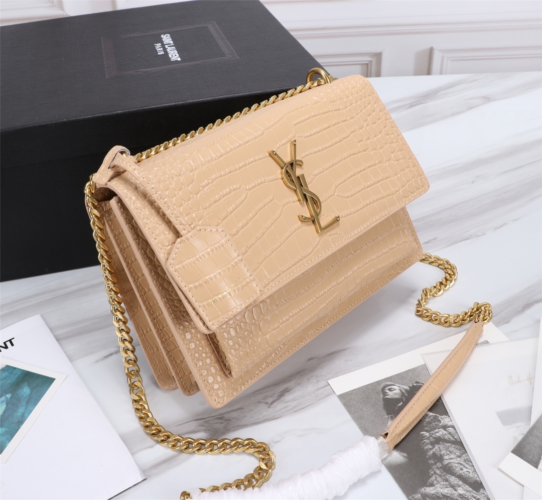 YSL SUNSET MEDIUM CHAIN BAG IN CROCODILE EMBOSSED SHINY APRICOT 22CM 442906DND0N9207