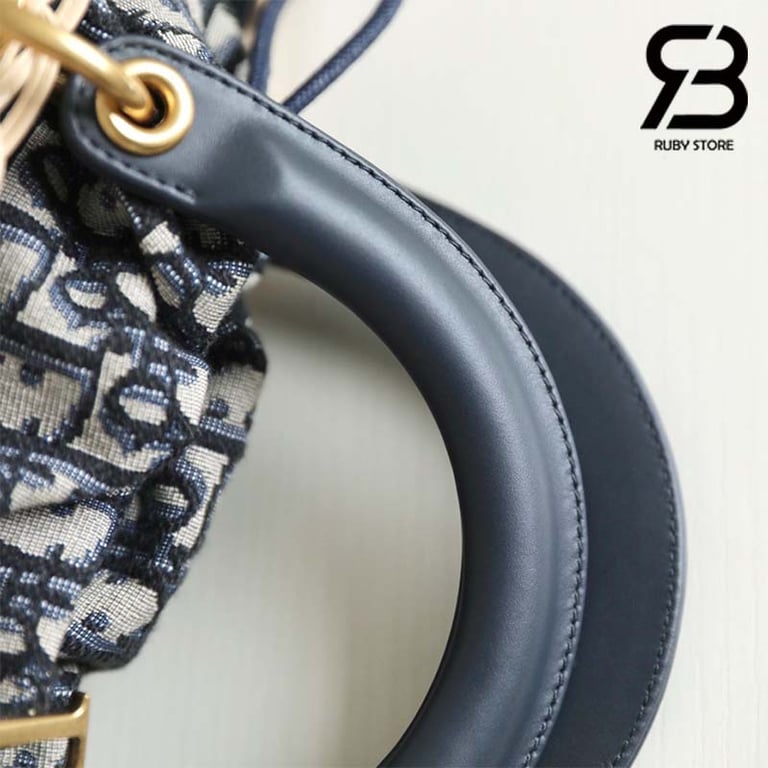 DIR NATURAL WICKER AND BLUE DIR OBLIQUE JACQUARD BAG
