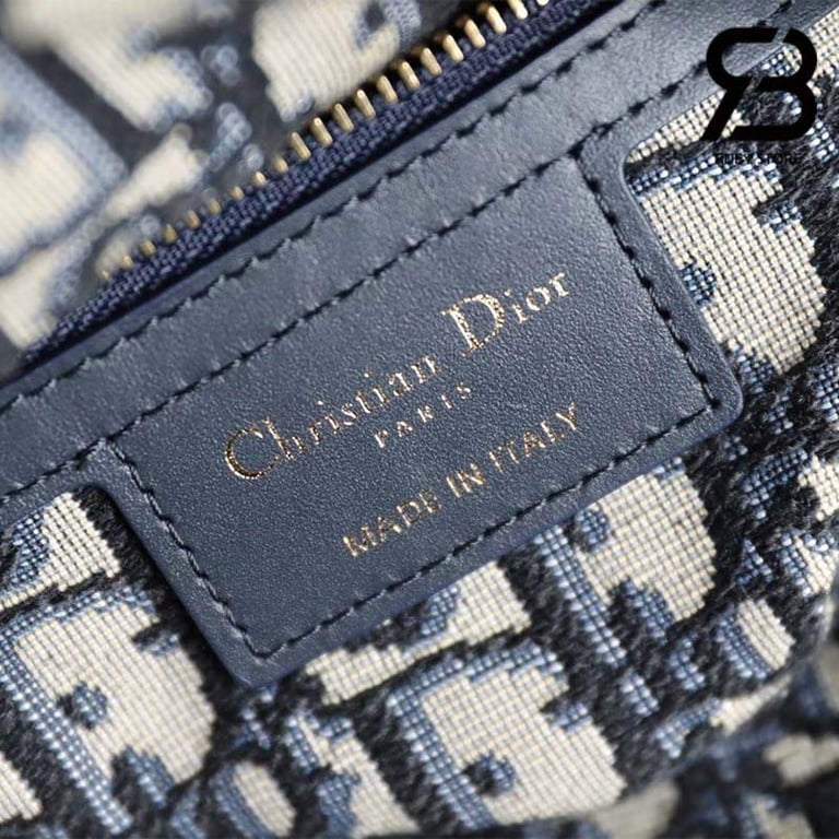 DIR NATURAL WICKER AND BLUE DIR OBLIQUE JACQUARD BAG