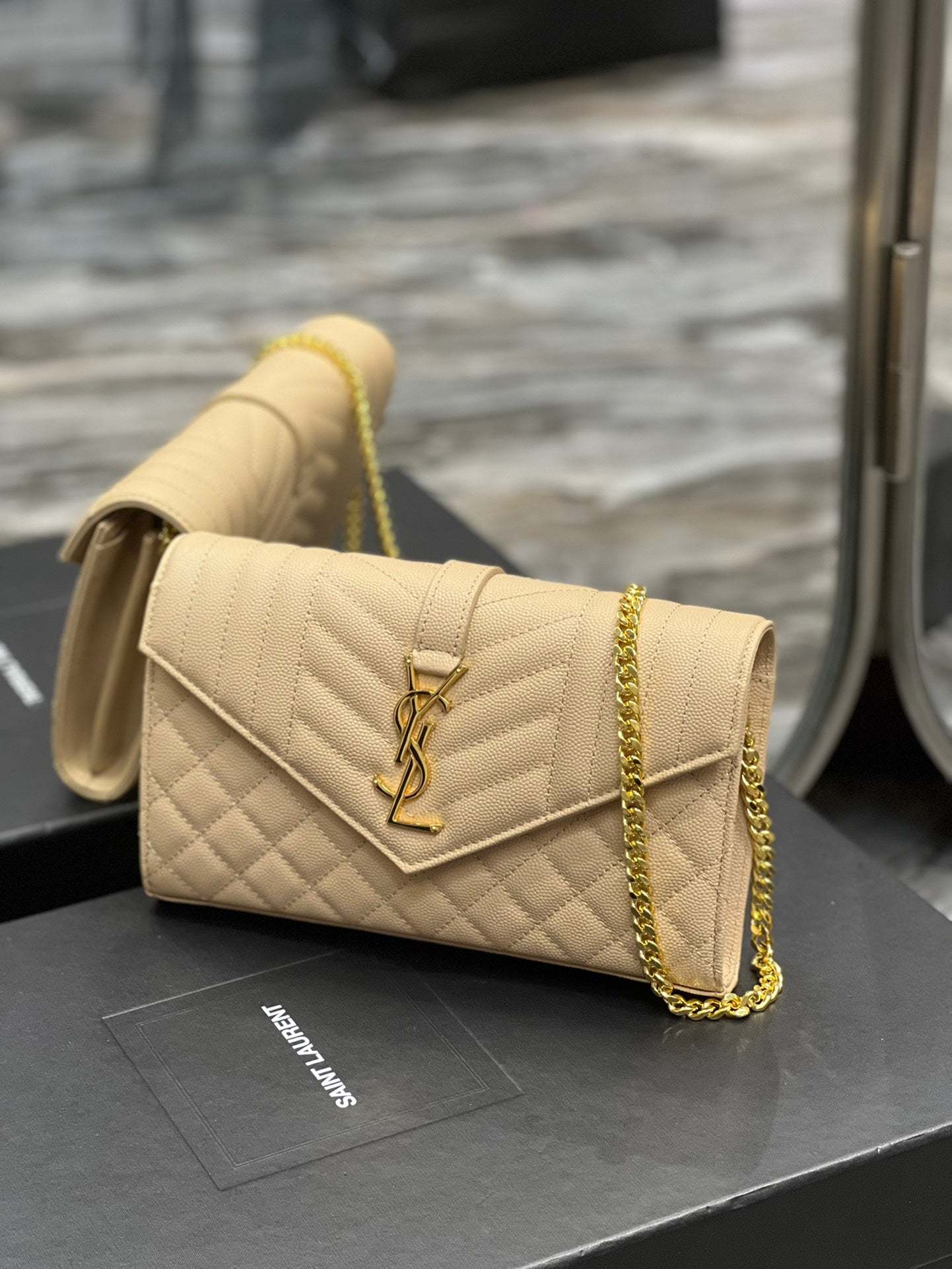 YSSL Envelope Small Chain Bag Beige For Women, Women’s Bags 8.6in/22cm YSL