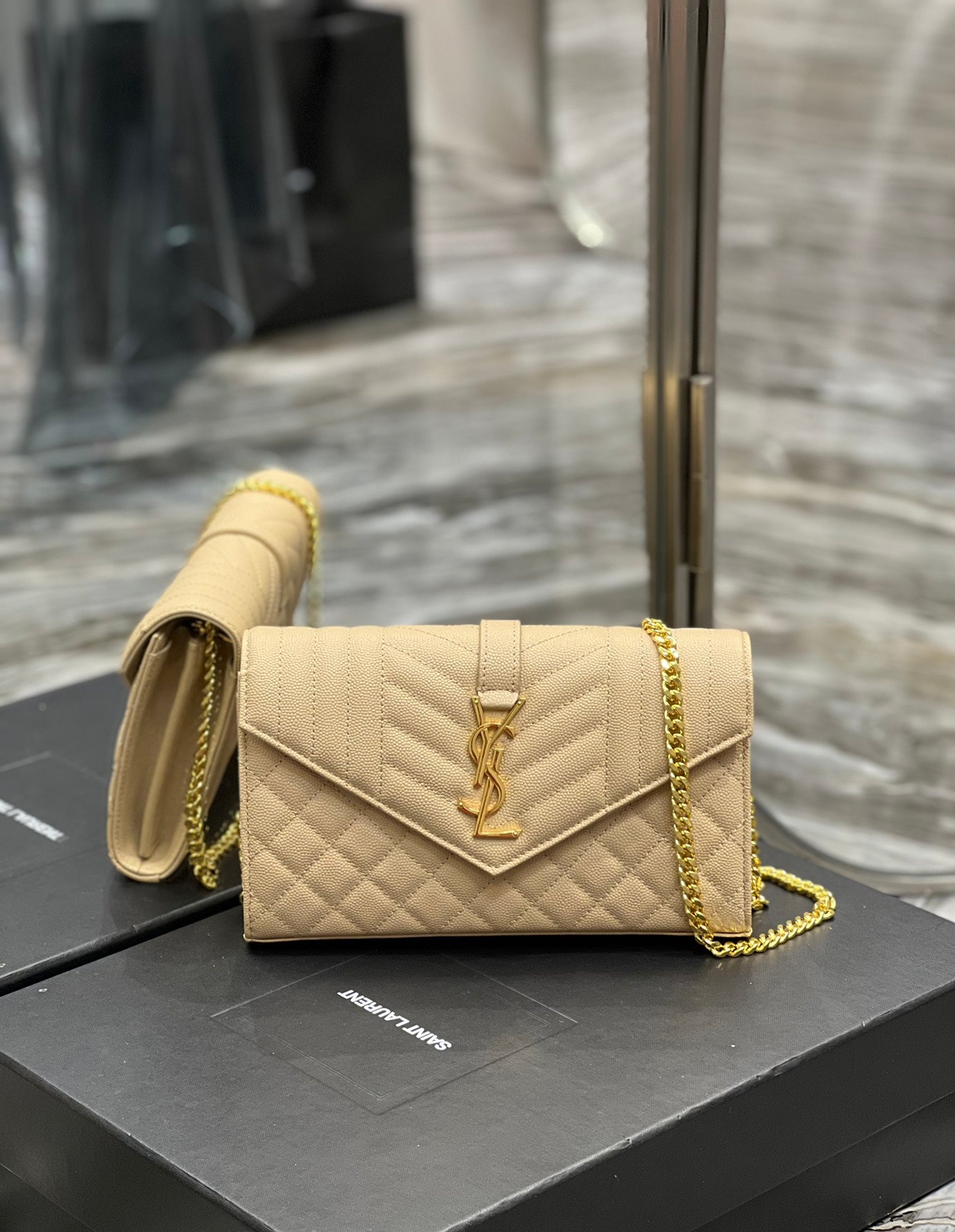 YSSL Envelope Small Chain Bag Beige For Women, Women’s Bags 8.6in/22cm YSL