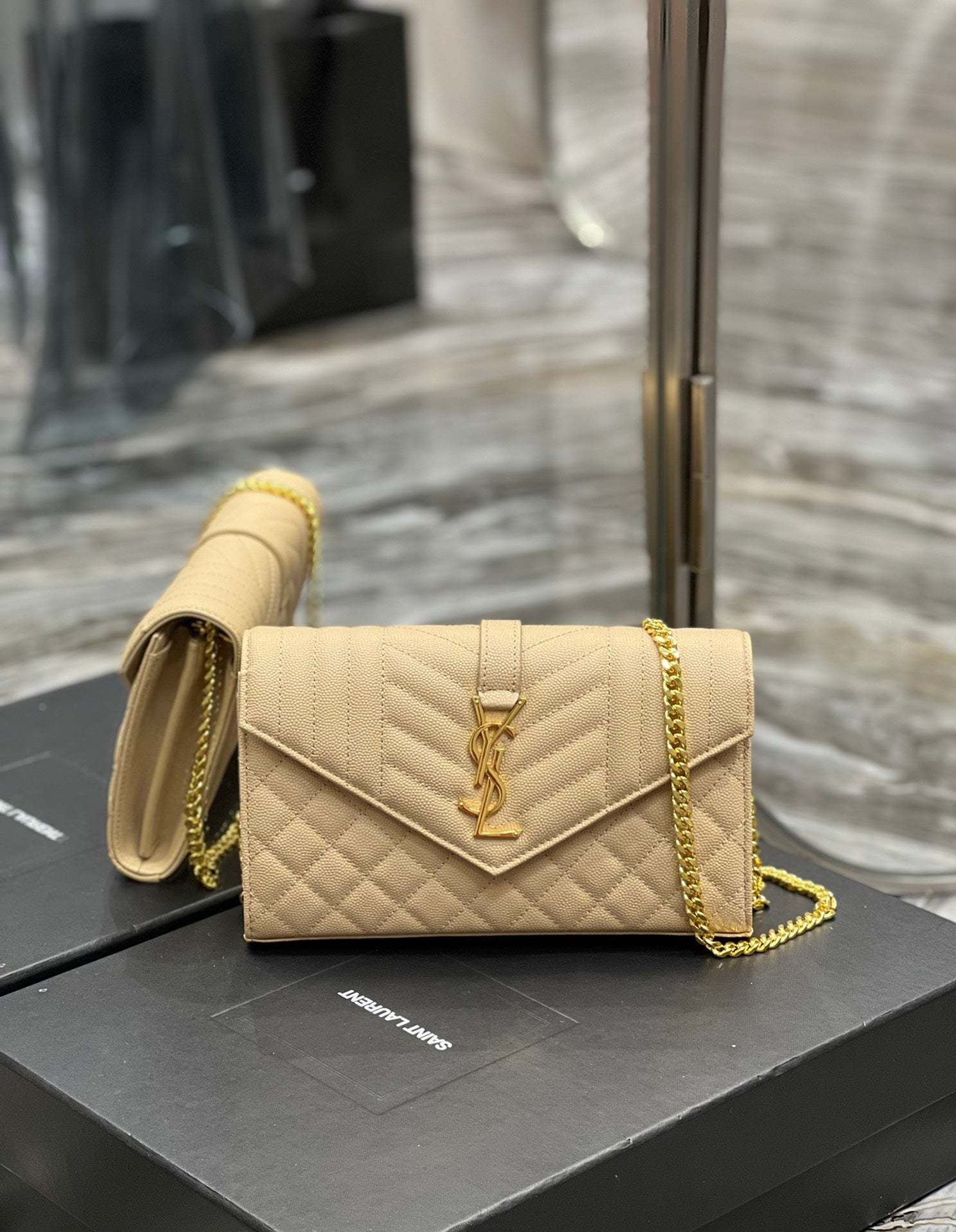 YSSL Envelope Small Chain Bag Beige For Women, Women’s Bags 8.6in/22cm YSL