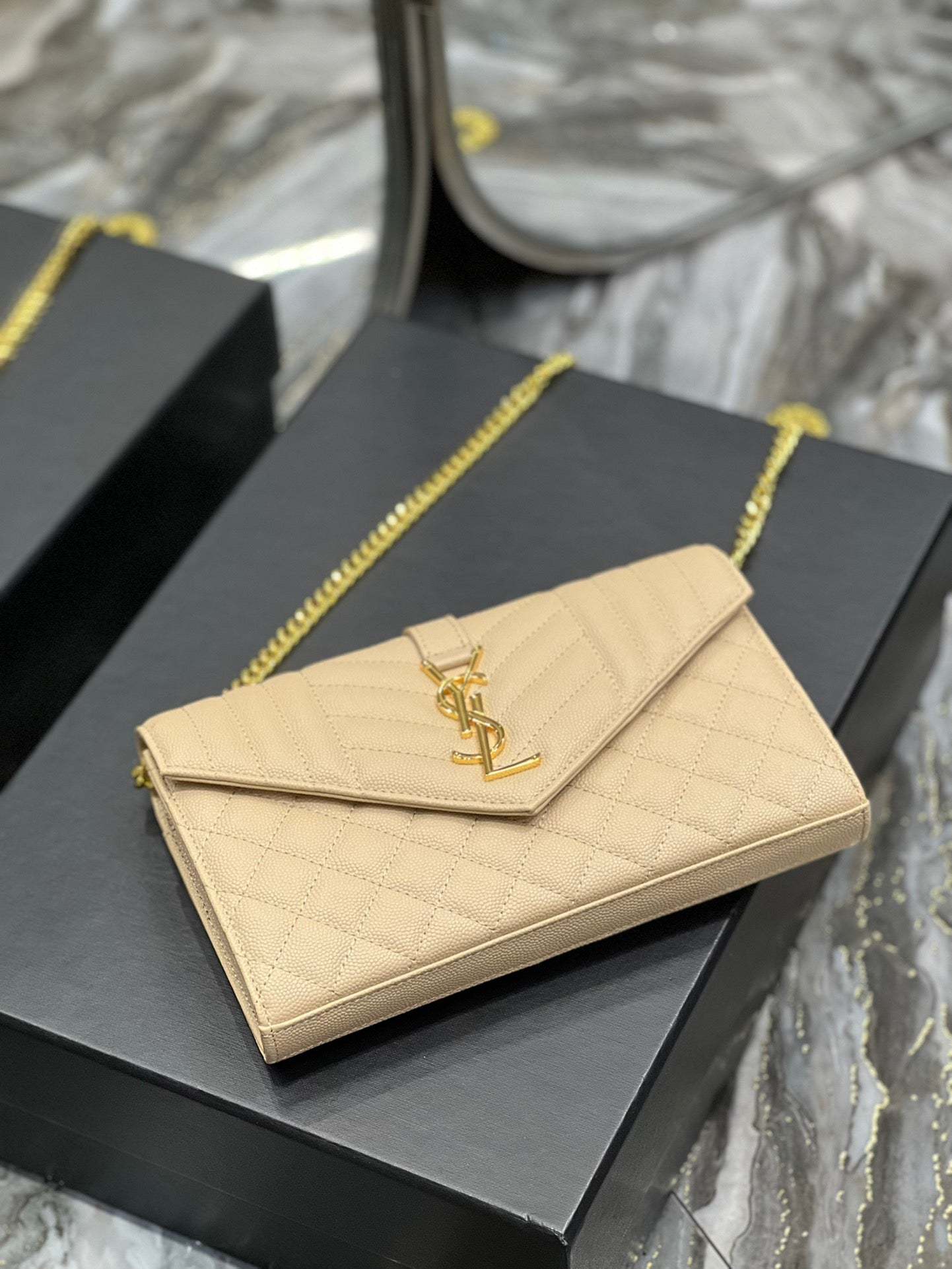 YSSL Envelope Small Chain Bag Beige For Women, Women’s Bags 8.6in/22cm YSL