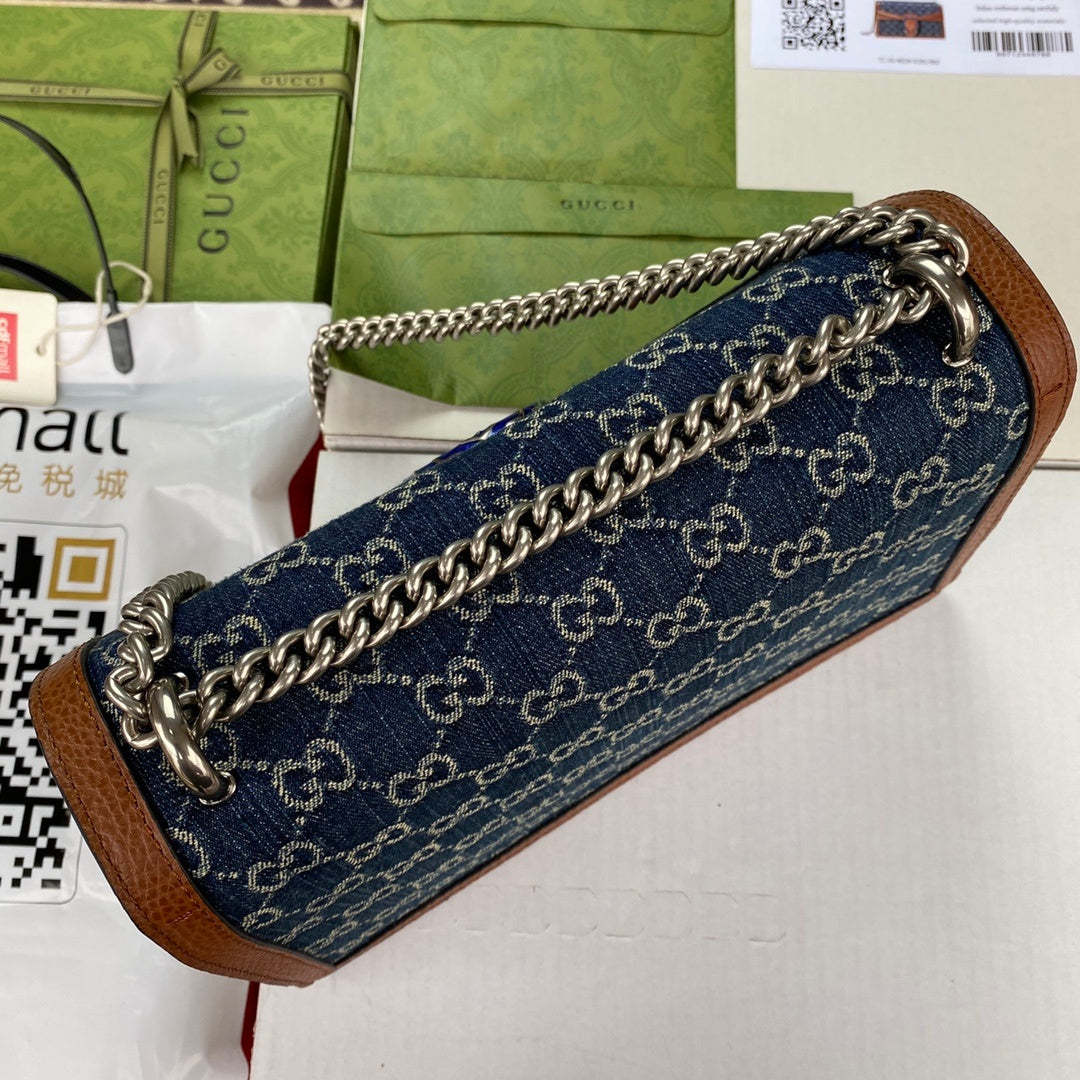 gg Dionysus Small Shoulder Bag Dark Blue And Ivory Eco Washed Organic gg Jacquard Denim For Women 11in/28cm gg 400249 2KQFN 4483