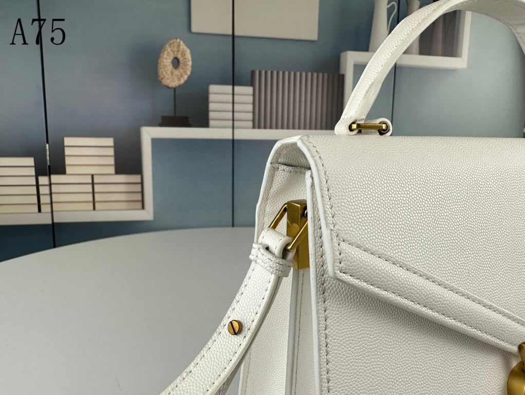 SAINT LAURENT CASSANDRA MEDIUM TOP HANDLE IN GRAIN DE POUDRE EMBOSSED WHITE LEATHER 24CM