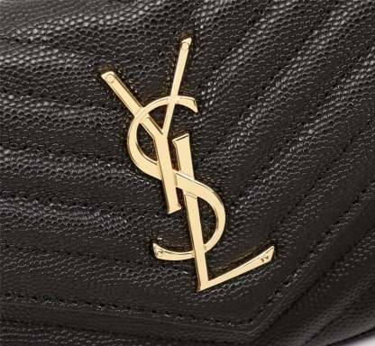 SAINT LAURENT CASSANDRE MATELASSE CHAIN WALLET IN GRAIN DE POUDRE EMBOSSED BLACK GOLD 22CM