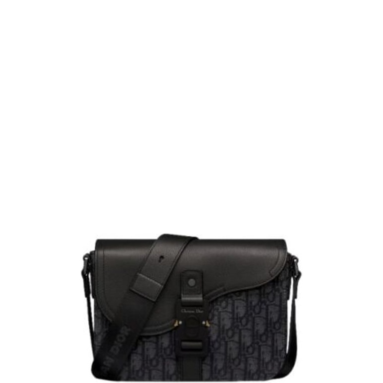 DIR MINI SADDLE BAG WITH STRAP BLACK CD OBLIQUE JACQUARD AND GRAINED CALFSKIN 23CM