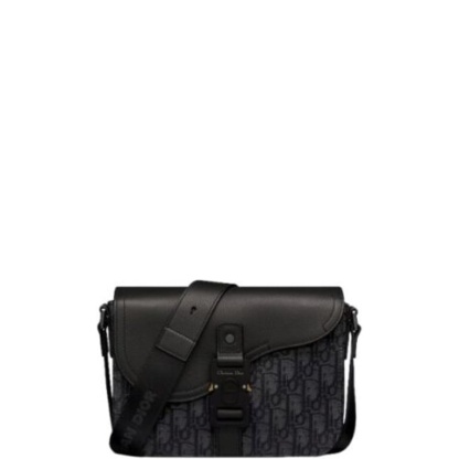 DIR MINI SADDLE BAG WITH STRAP BLACK CD OBLIQUE JACQUARD AND GRAINED CALFSKIN 23CM