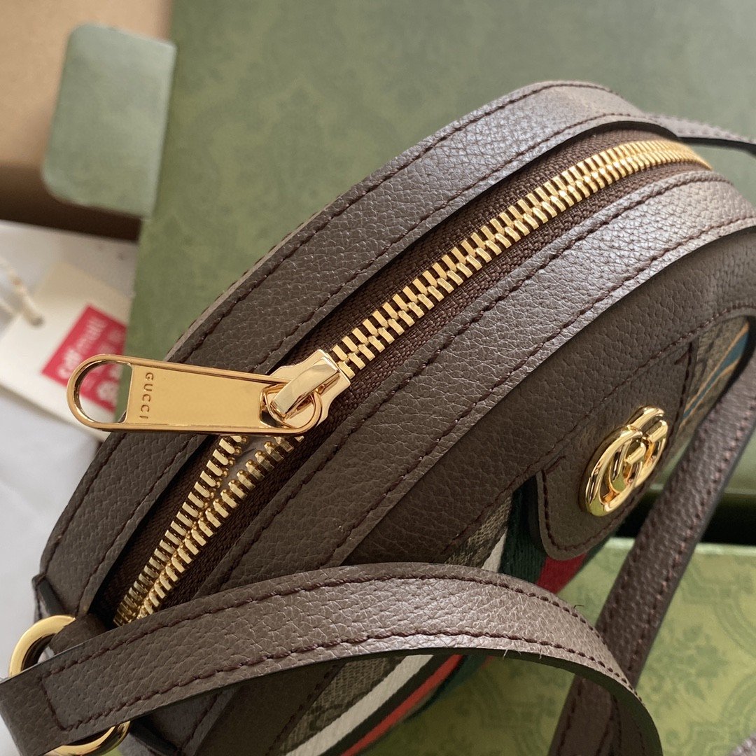 gg Round Shoulder Bag With Double G Beige And Ebony Supreme Canvas With Stripes And Flames Print Brown For Women 7,5in/19cm ‎574978 UQHNE 9885