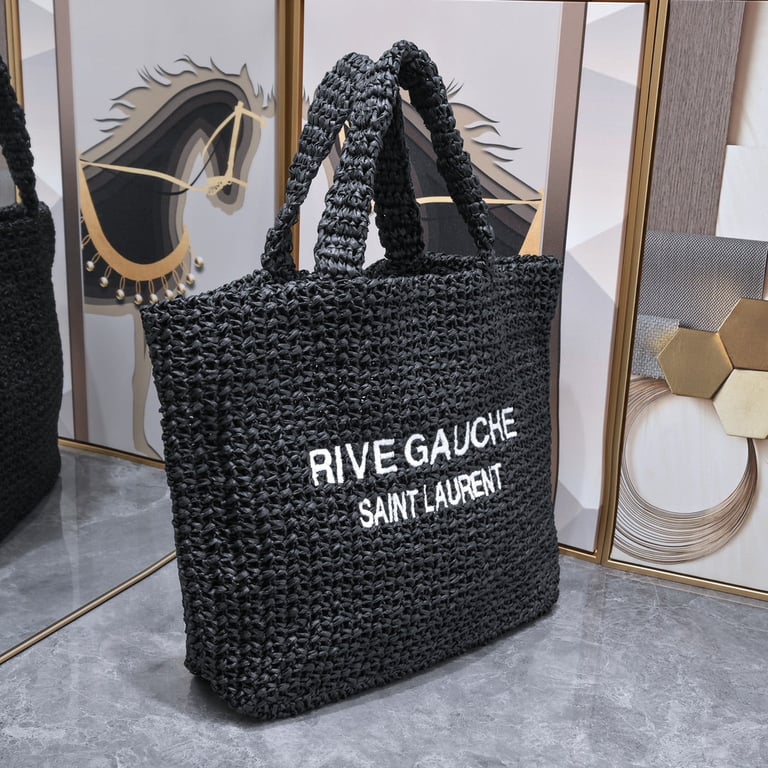 SAINT LAURENT BLACK TOTE RIVE GAUCHE RAFFIA CROCHET